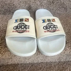 Gucci Shoes Gucci Worldwide Mens Cream White Logo Slide